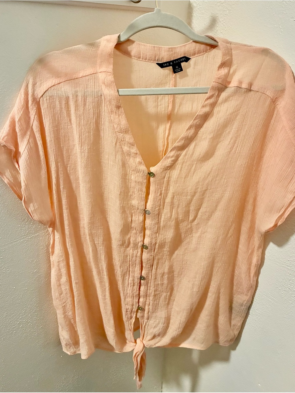 Zac & Rachel Lac & Fringed Peach Button-Front Tie Hem Top
